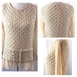 John Fashion Tan Ivory Knit Chiffon Top BB32